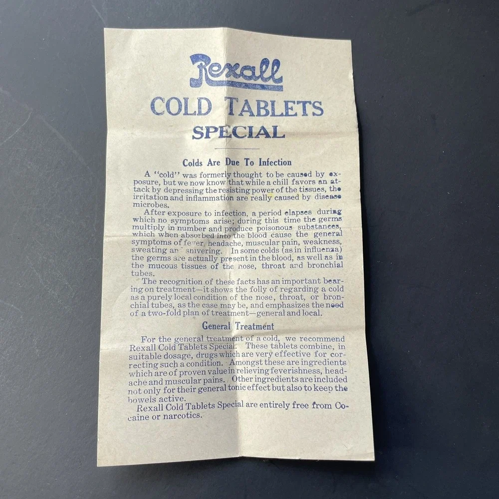 Vtg Rexall Cold Tablets Blue Medicine Tin United Drug Company Empty Insert Paper